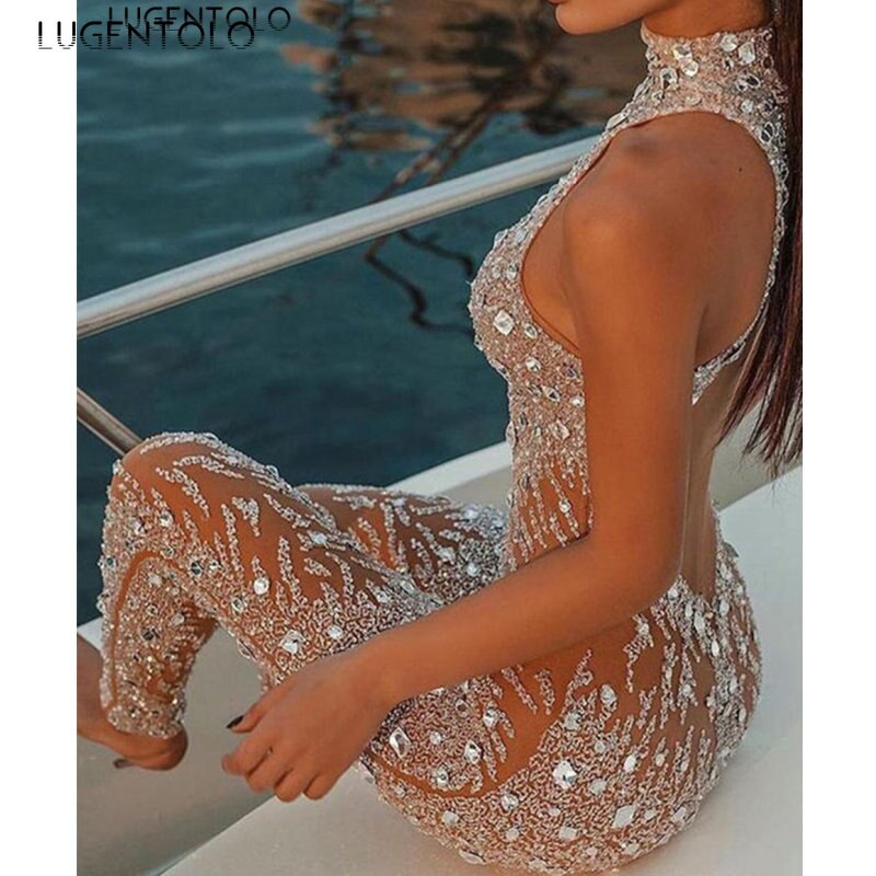 Jumpsuit Sexy Slim Women's Shiny Sleeveless Casual Sequins Straight Party Mesh Female Long Jumpsuits Lugentolo