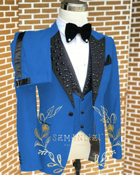 Black Men Suits Luxury Stone Crystal Tuxedos Bespoke Groom Wear 3 Pieces Business Male Prom Blazers Slim Fit Custome Homme