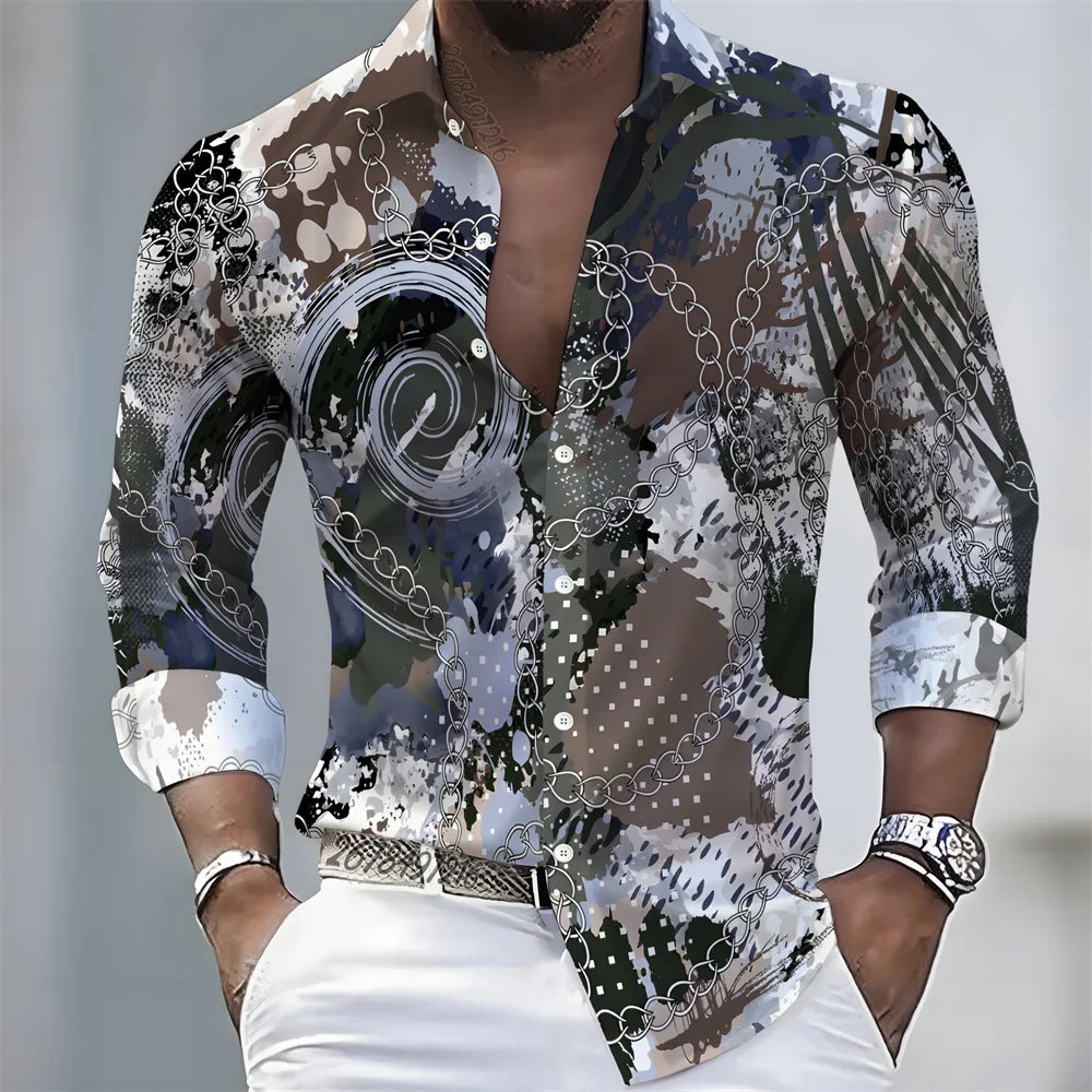 Summer lightweight men's printed long-sleeved shirt, retro floral plaid color-blocked casual shirt, Hawaiian vacation style top.