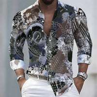 Summer lightweight men's printed long-sleeved shirt, retro floral plaid color-blocked casual shirt, Hawaiian vacation style top.