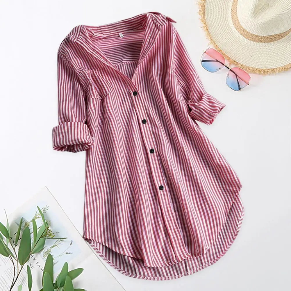 M-4XL Women Tunic Shirt Striped Long-sleeves V Neck Mid Long Turn-down Collar Loose Fit Casual Summer Elegant Ladies Blouse Top