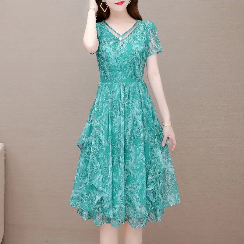 M-5XL Plus Size Women Dress Temperament Embroidery Graphic Elegant Dresses Female Knee Skirts Retro Thin Summer Dignified