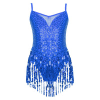 Latin Jazz Dance Dress Gym Kids Girls Shiny Sequins Tassel Fringe Mesh Ballroom Samba Tango Cha Cha Dance Leotards Rave Costume