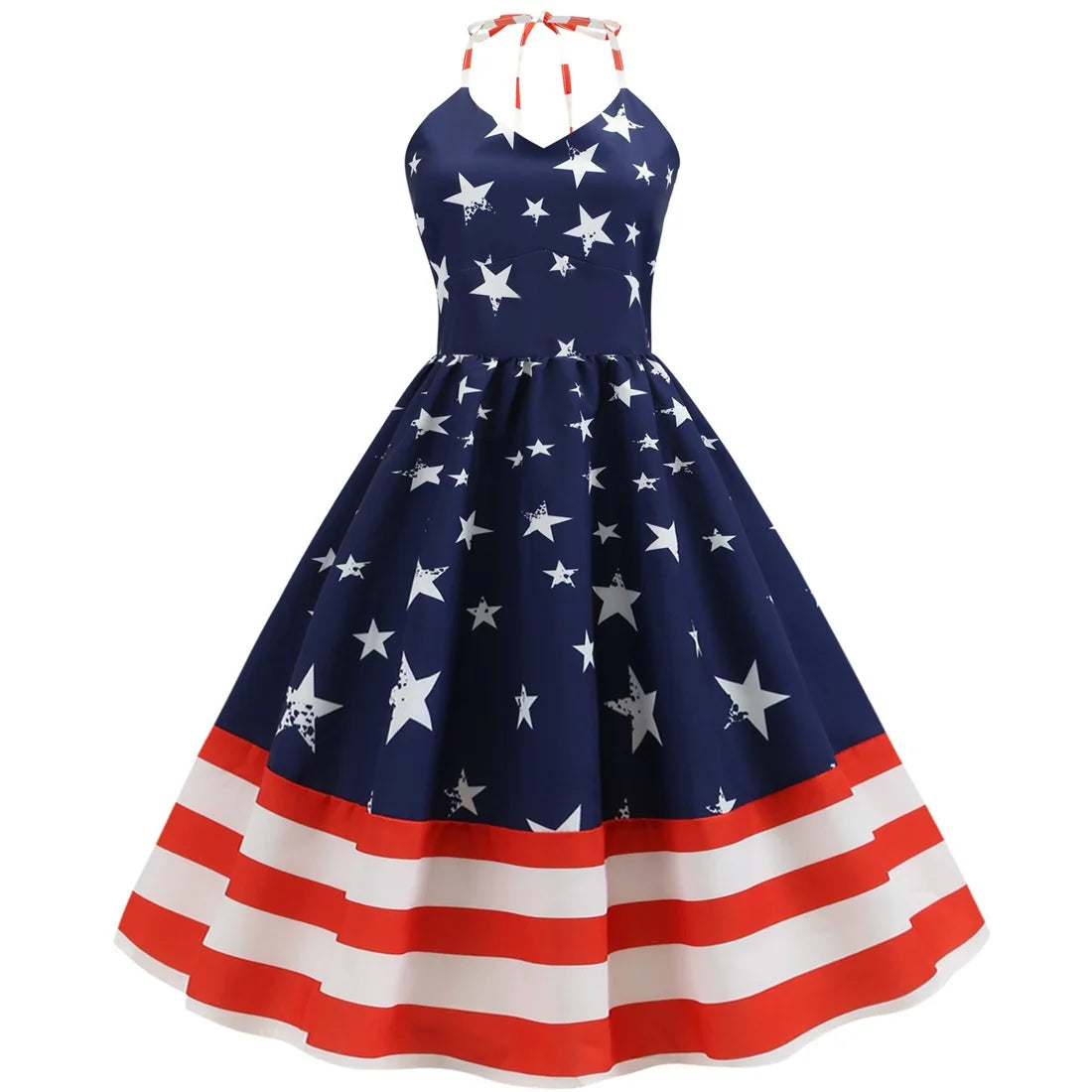 1950s60s Retro Dress American Independence Day Retro Women's Wear Halter Wrap Chest Star Stripe Print Large Swing Dress