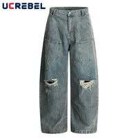 Ripped Jeans Mens With Rivets Pocket Retro High Street Washed Distressed Loose Wide leg Denim Pants Men