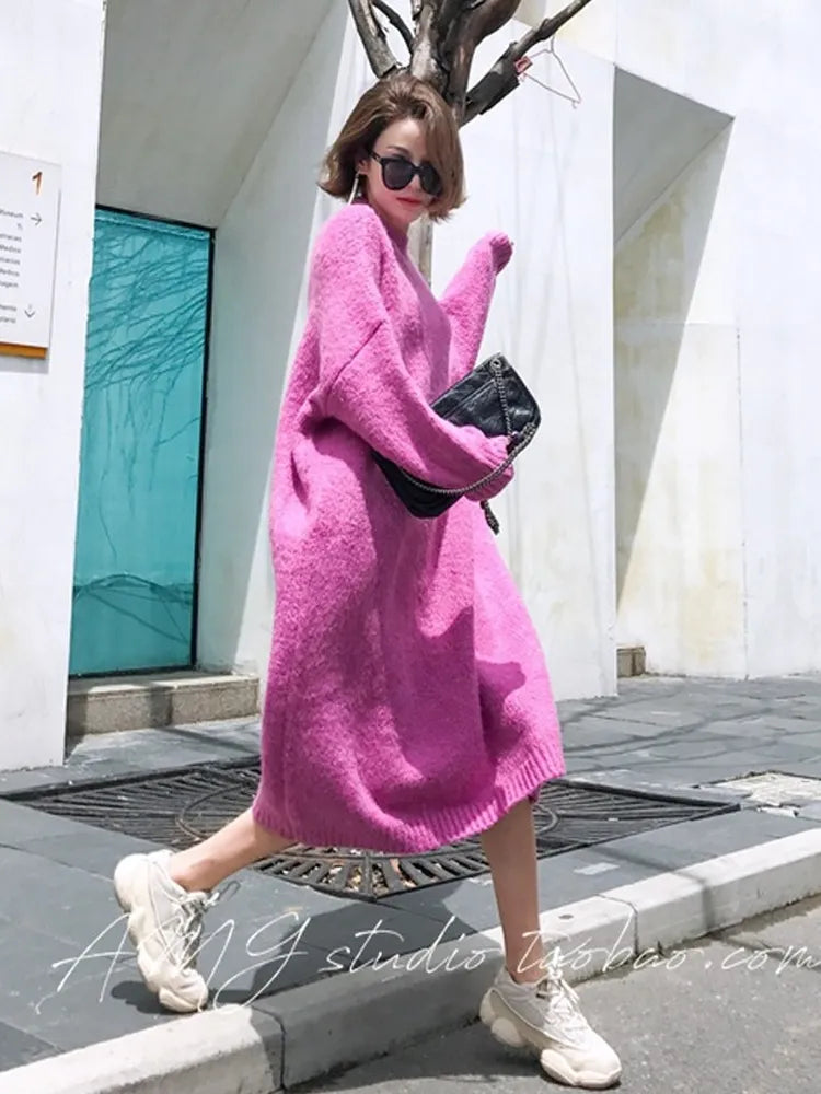 Winter Women Dress Fall Sweater Women Dress Long Sleeve Knitted Dresses Maxi Vintage Oversize Dresses Knitting Thick Warm Purple