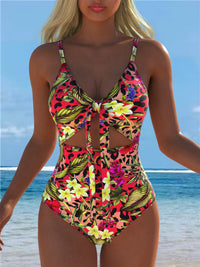 Women's Tropical Leopard Print One Piece Swimsuit, Cutout Tie Knot Bikini Style Bathing Suit, High Cut Beachwear for Summer Vaca