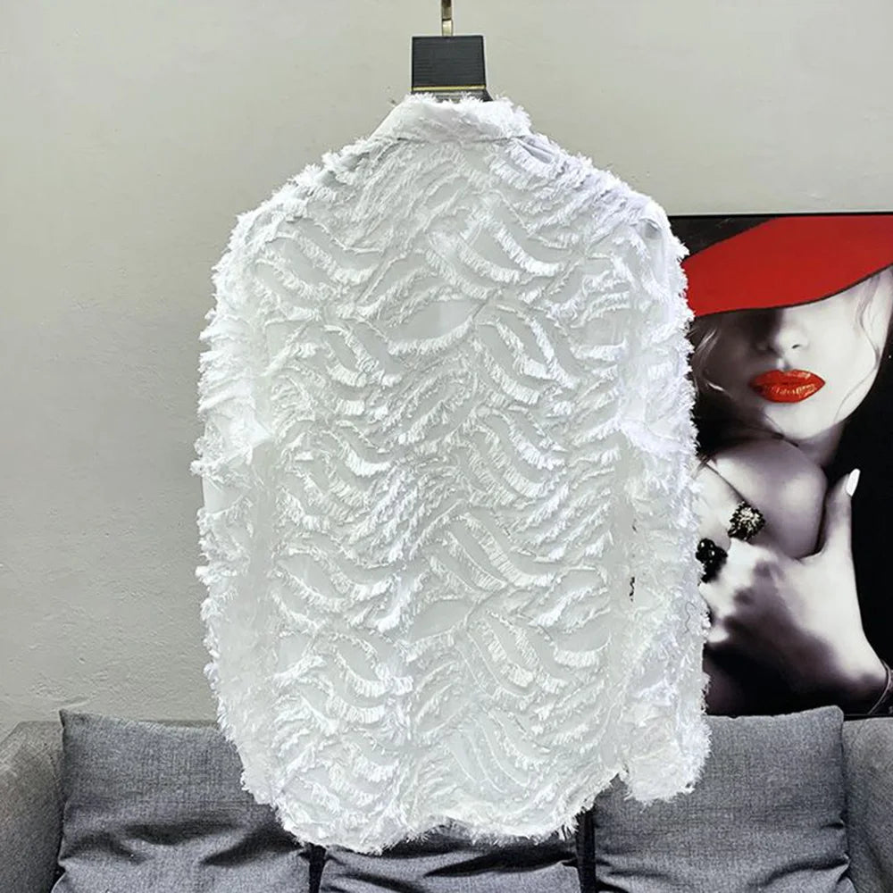 Mens Shirt Y2k Hollow Feather Tassel Shirt Streetwear Niche Personality Breathable Nightclub Trend Tops Men'S Clothing 2024