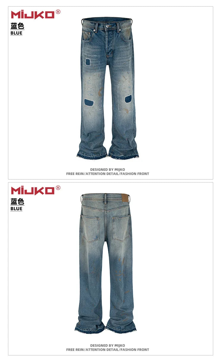 MIJKO Washed Frayed Vintage Jeans Pants Mens Straight Retro Casual Denim Trousers Cargos FJ069