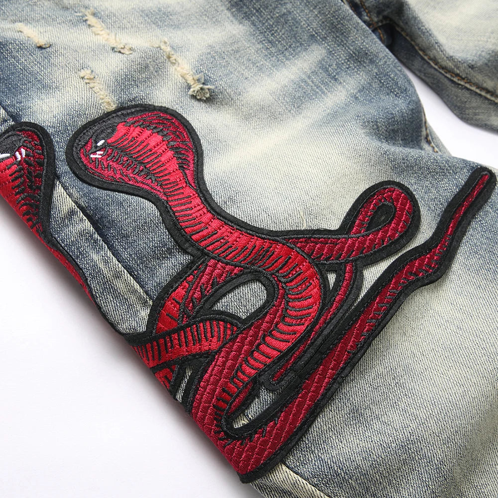 Men's Snake Embroidery Stretch Denim Jeans Streetwear Red Leather Patch Slim Tapered Pants with Holes And Rips Trousers