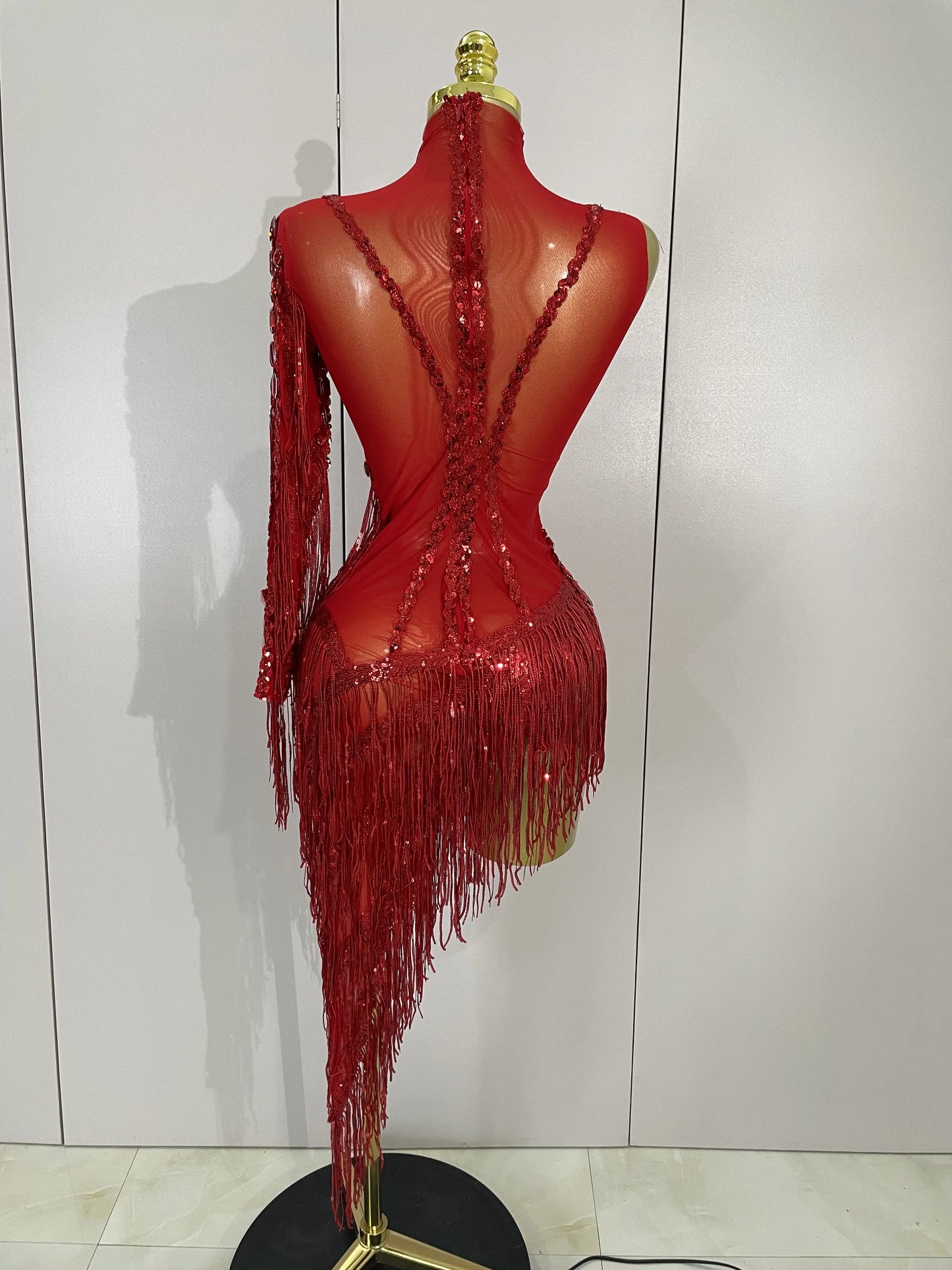 STOCK Sparkly Rhinestones Tassel Sexy See-Through Dress Women One Shoulder Latin Dance Outfits Bar Nightclub Party Stage Costume