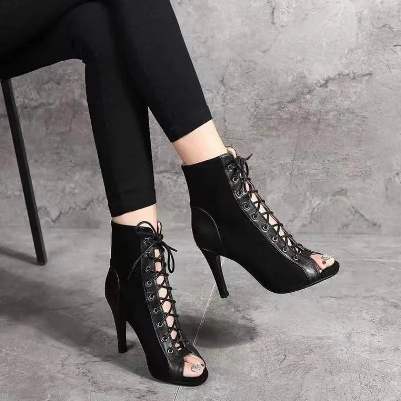 New Summer Shoes Thin Heels ANKLE Boots Women  Lace-up Peep Toe Shoes Solid Womens Designer Boots Hollow Sexy Boots High Heel