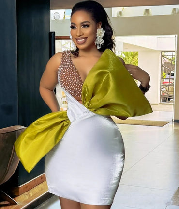 Fashionable Mixed Color Cocktail Dresses Aso Ebi Decorated Pearls Short Prom Dresses Mini Spaghetti Straps Big Bow Gala Gowns