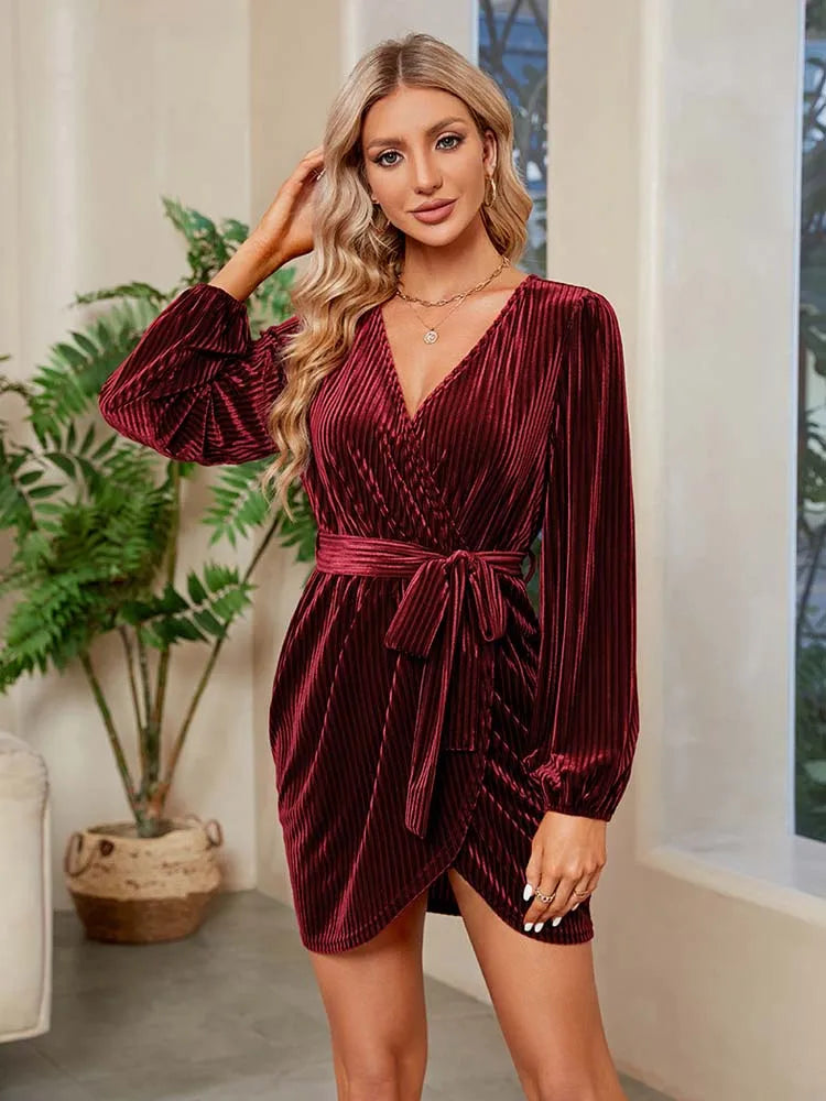 2023 Autumn Red Velvet Dress Women Long Sleeve V-neck Wrap Dress Mini Short Party Dresses for Women