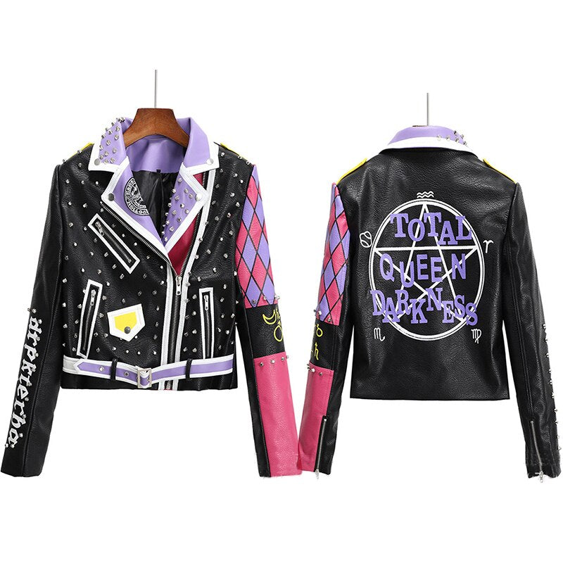 Sexy Women Spring Rivet Death Patch Fuax Leather Jackets For Punk Rock Rivet Streetwear