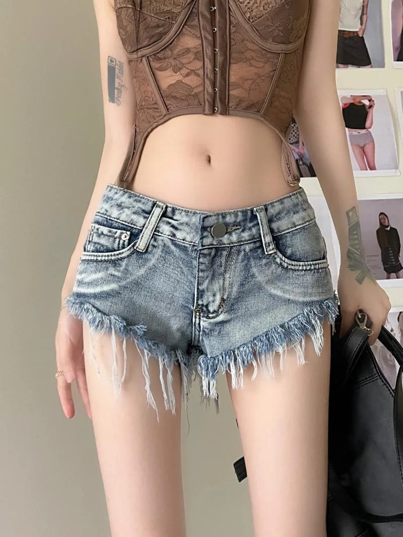 Sexy Hot Girl Denim Shorts Fashion Women Low Waist Retro Y2K Slim Elastic Streetwear Short Jeans Casual Commute Ripped Trousers
