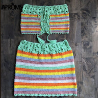 Sexy Colorful Striped Strapless Crochet Tube Crop Top and Skirt Summer Beachwear 2 Piece Set