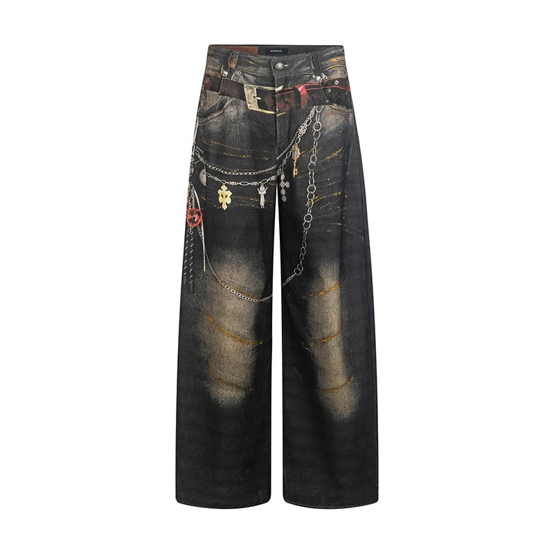 High Quality Hot Selling Wholesale 2025 New Virtual Digital Printed Retro Fashionable Personalized Wide Leg Jeans Pants Women