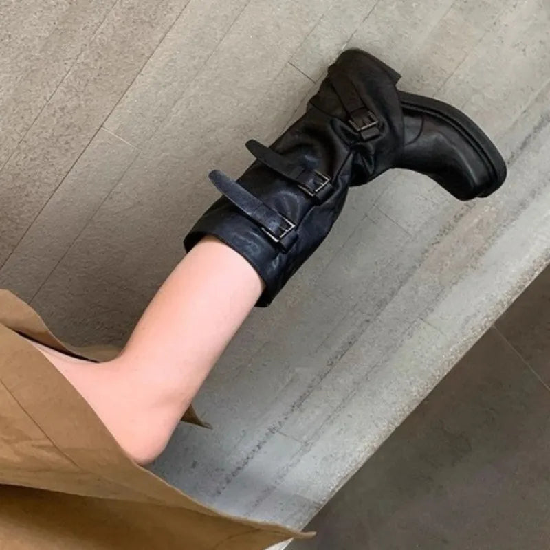 High Boots Fashion New Round Toe Platform Metal Belt Buckle Anti-slip Wear-resistant Block Heel Single Boots