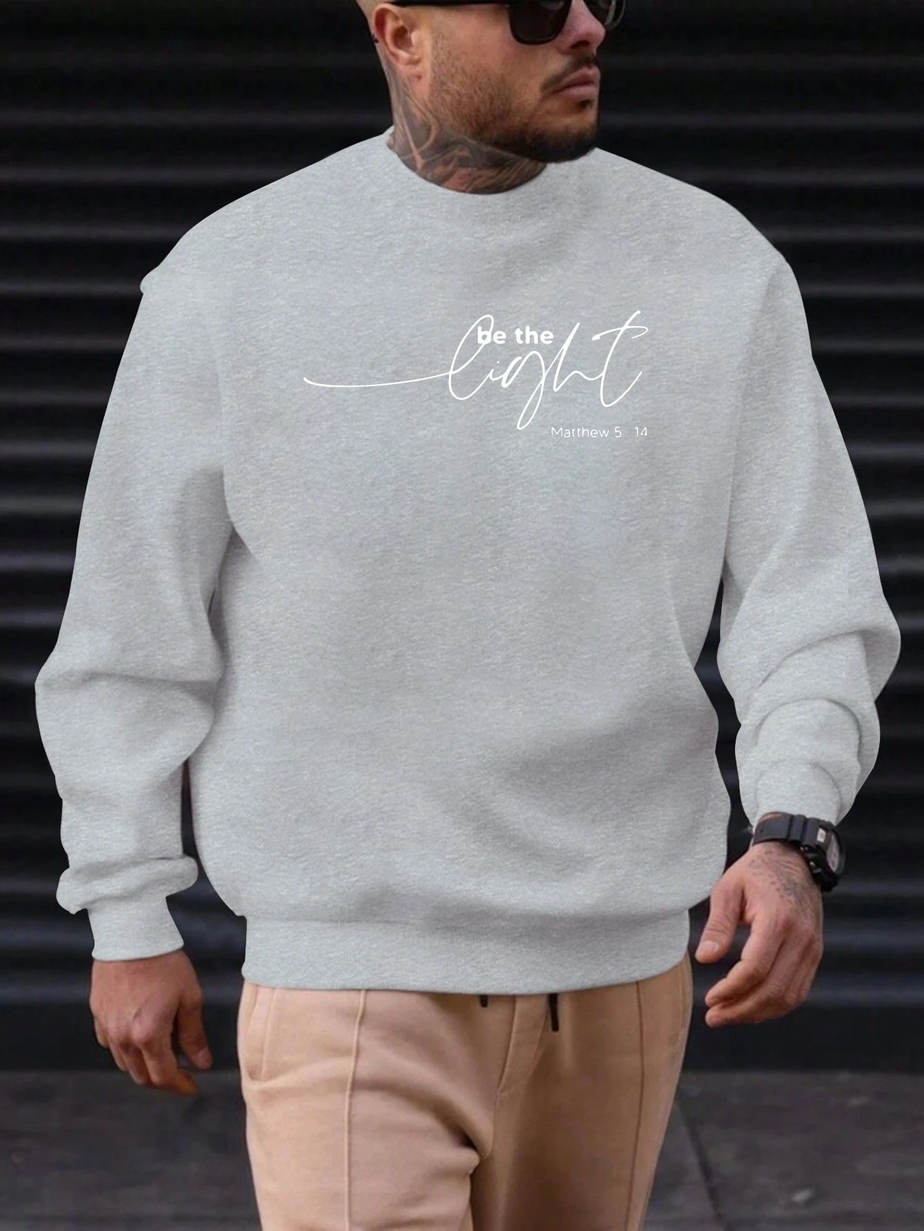 Men's Sweatshirt 2025 New Arrival Minimalist Cozy Relaxed Fit Elegant Calligraphy “Be the Light” Matthew 5:14 Quote Top