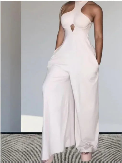 Elegant Jumpsuit Women Backless Hanging Neck Pocket Slim Fit Solid Color Bodysuit Conjoined Body Wide Leg Pants 2025 Summer New