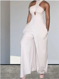 Elegant Jumpsuit Women Backless Hanging Neck Pocket Slim Fit Solid Color Bodysuit Conjoined Body Wide Leg Pants 2025 Summer New