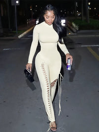 Sisterlinda Sexy Fashion Jumpsuits Woman o-Neck Full Sleeve Shirring Hollow Skinny Peach Hip Hot Girls Midnight Party Clubwear