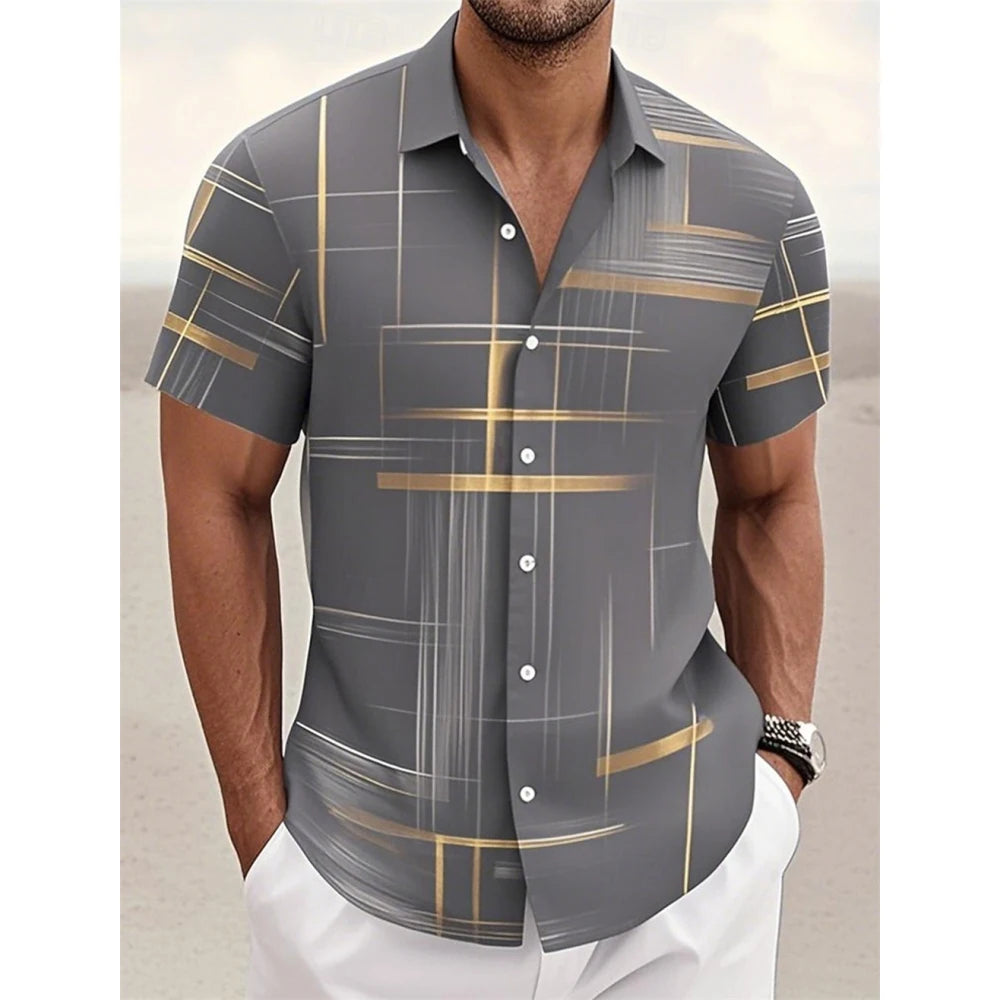 Men's Geometric Plaid Button Shirt Casual Fashion Outdoor Vacation Street Trend Turndown Shirt 3D Printed Short Sleeve Shirts