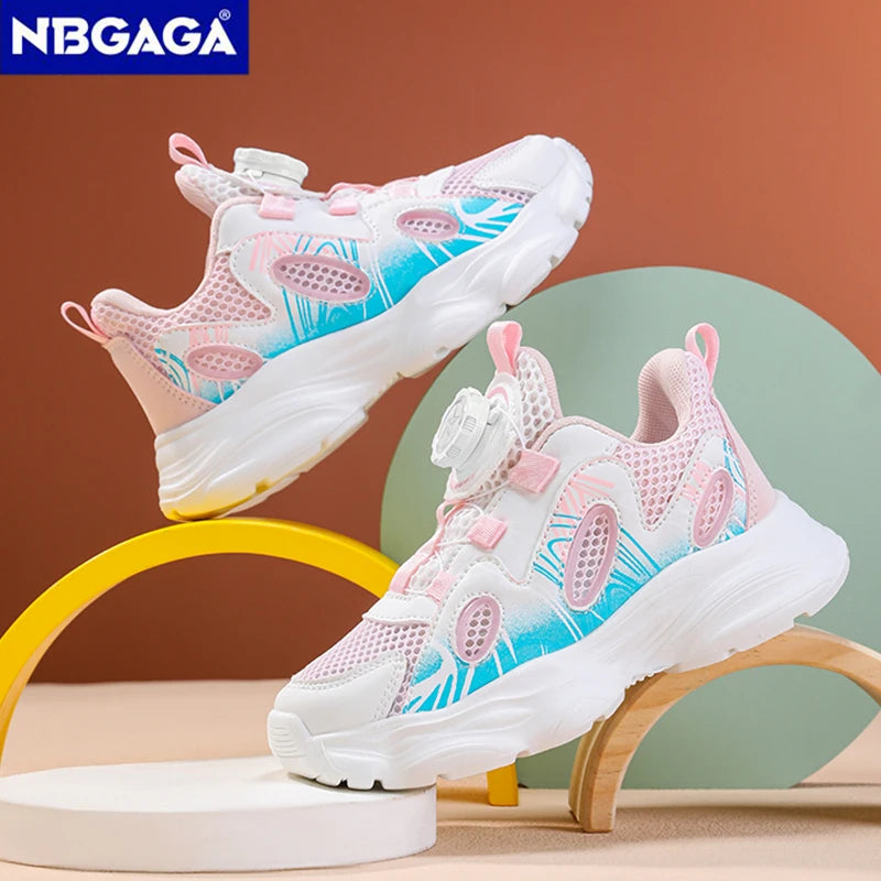 Summer Breathable Children’s Casual Shoes for Girls Rotating Button Sports Running Shoes Outdoor Fashion Flat Walking Sneakers