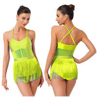 Women Tassel Latin Jazz Salsa Leotard Dance Dress Tango Dance Costumes Sheer Mesh Patchwork Rhinestones Fringed Bodysuit Dress