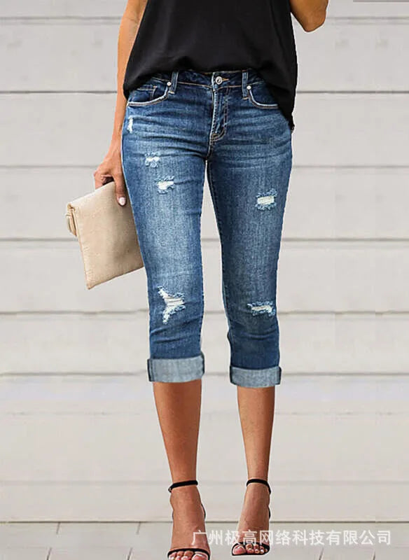 Low Waist Ripped Cutout Capris Jeans Women Sexy Slim Skinny Summer Spring Jeans Denim Pants