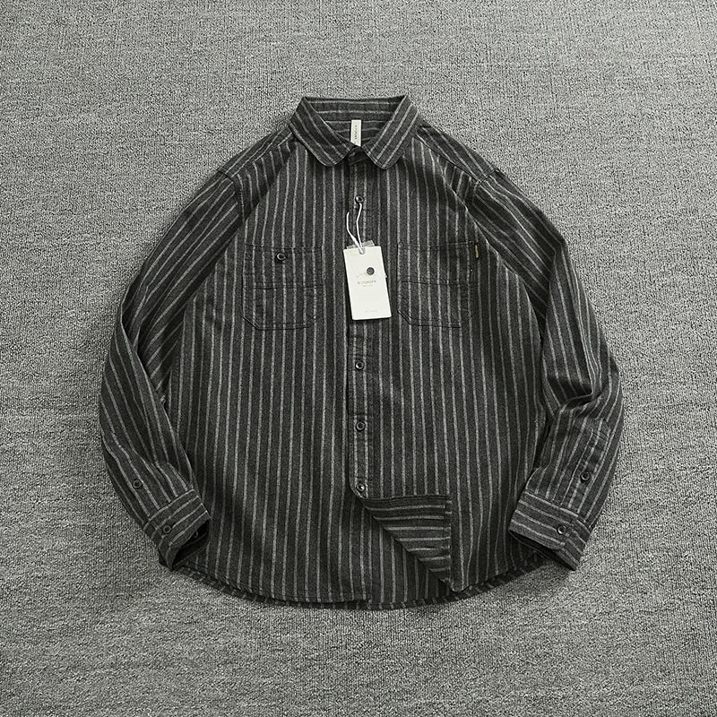 Spring Vertical Striped Brushed 100% Cotton Washed Casual Long Sleeve Shirt Men's Retro Top Versatile Soft Workwear Shirt Coats