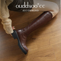 Ods  Footwear Elegant Heeled Shoes for Women Brown Ladies Boots Platform Winter Knee High Shaft Heels Long Boot Free Shipping 42