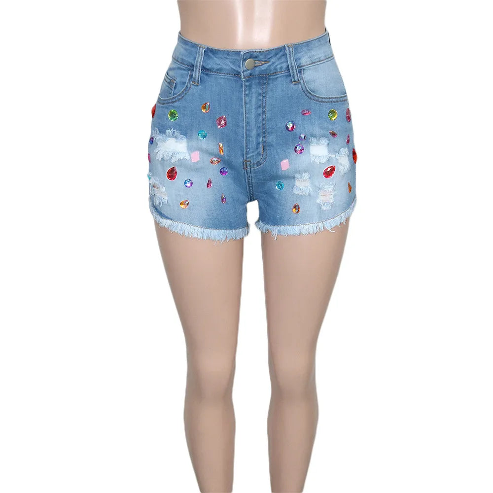 ANJAMANOR Colorful Crystal Denim Booty Shorts Sexy Summer Clothes for Women High Waisted Cute Ripped Jean Shorts D43-DI33