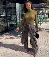 Daily Blue Pocket Ruched Frayed Trim Casual Contrast Denim Jeans High Street Vintage Casual Asymmetric Denim Trousers for Women