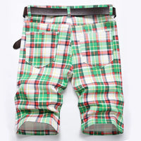 Men Plaid Print Denim Shorts Summer Tartan Stretch Jeans Knee Length Slim Straight Breeches