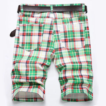 Men Plaid Print Denim Shorts Summer Tartan Stretch Jeans Knee Length Slim Straight Breeches