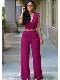 Women's Sexy Deep V Neck Sleeveless Solid Color Jumpsuit Fashion Slim Wrap Hip Elegant Female  Party Office Jumpsuit (with Belt)