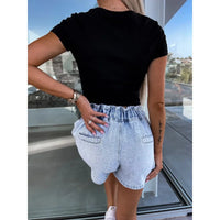 Wepbel Y2K Fashion Streetwear Short Jeans Women Summer Leisure Rhinestone Elastic Waist Denim Shorts Straight Short Jeans