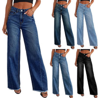 Women's Straight Jeans Casual Fashion Wide Leg Raw-Edge Denim Trousers Autumn Comfortable Daily All-Match Light Elegant Pants