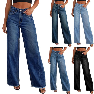 Women's Straight Jeans Casual Fashion Wide Leg Raw-Edge Denim Trousers Autumn Comfortable Daily All-Match Light Elegant Pants