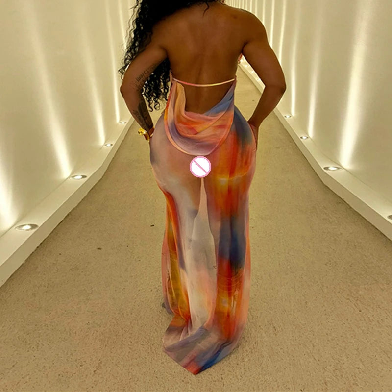 BKLD Mesh Halter Backless Multi Print See Through Sexy Long Split Dress Summer Clothes Women Fashion Vacation Beach Club Outfits