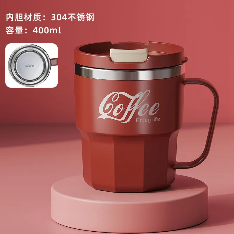 400ml 304 Stainless Steel Coffee Cup Mug with Lid Double-Wall Insulated Cup with Handle & Lid Heat-resistant Drinkware