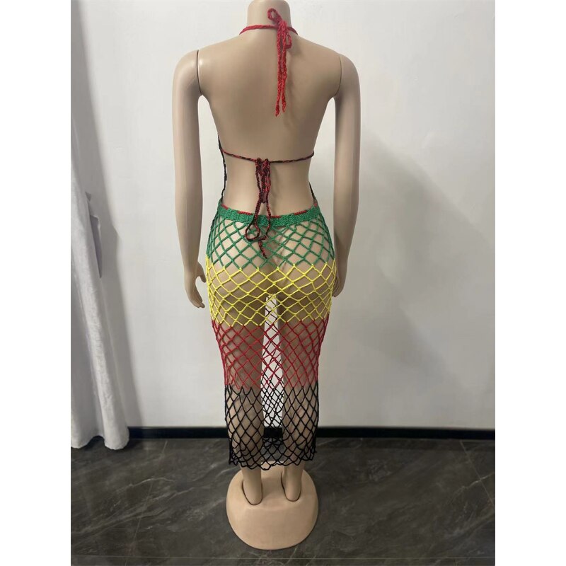 Rainbow Color Hand Knitted Bikini Cover Ups Women Sexy Hollow Out Fishnet Lace Up Halter Backless Holiday Summer Beach Dress