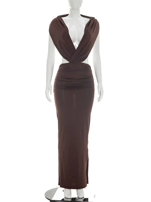 Sibybo Sexy Deep V-Neck Backless Women Maxi Dress Brown Sleeveless Ruched Slim High Waist Long Dress Elegant Evening Party Dress