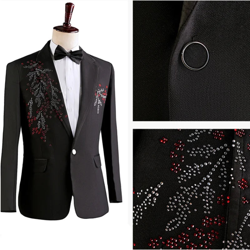Fashion Men Spliced Suits Black / White Singer Host Stage Performance Luxurious Dress Blazers Jacket and Pants