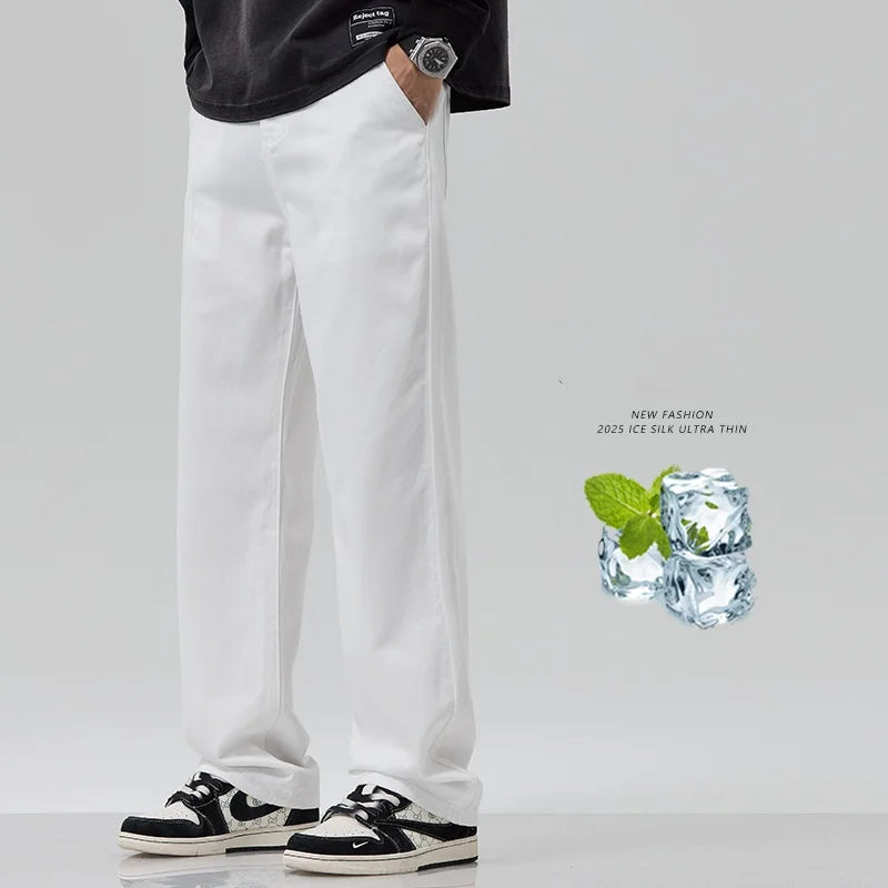 Men's White Jeans, Summer Thin Ice Silk Loose Straight Leg Wide Leg Pants, Fashionable Washed and Hanging Casual Versatile Pants
