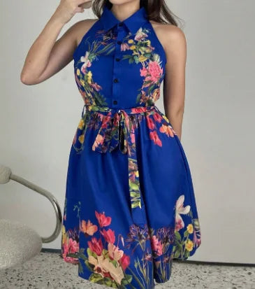 2026 Spring and Summer New Casual Style Waist Strap Dress Flower Printed Women's Dress