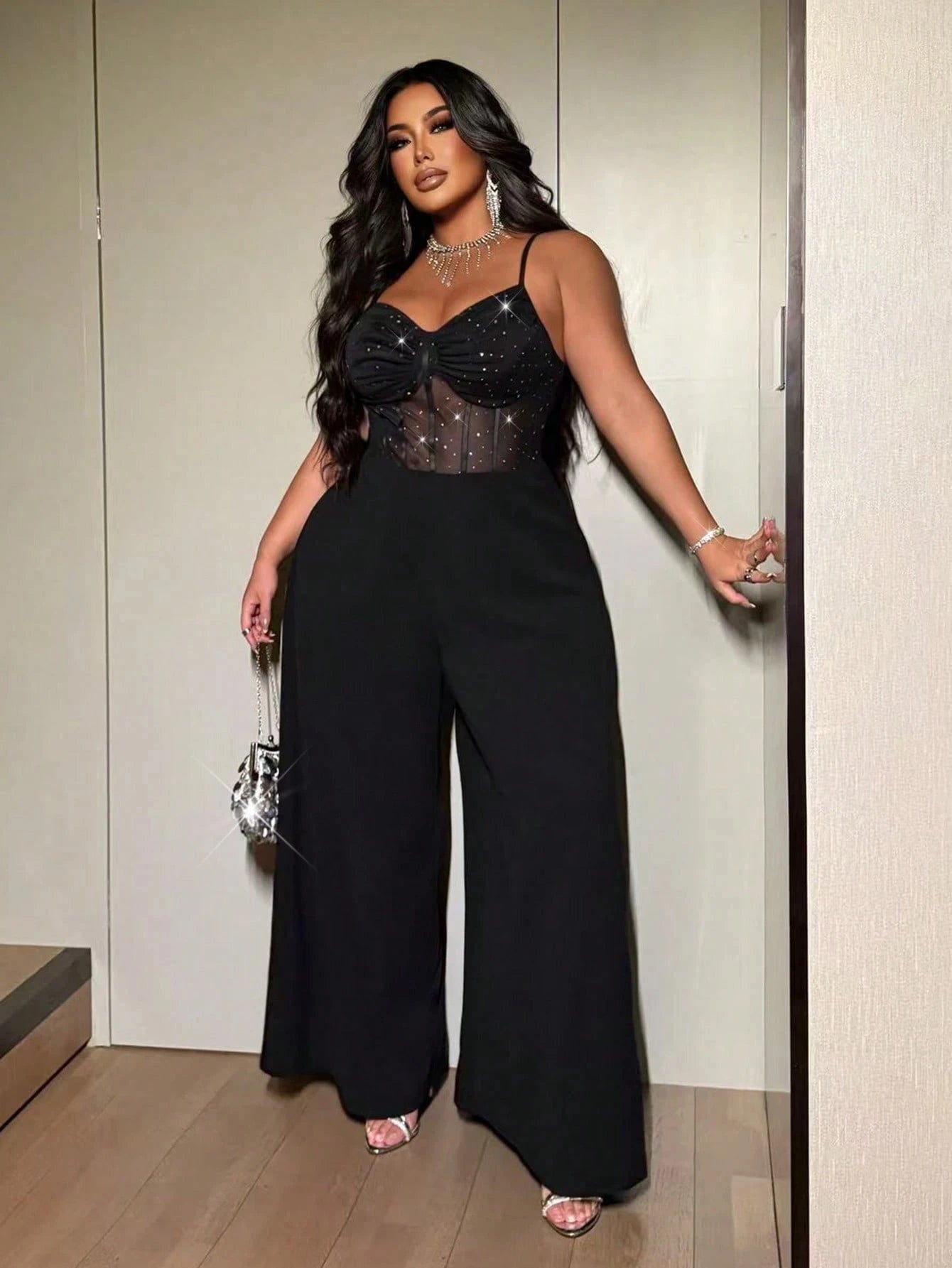 Large size women's sexy party suspender with shiny and shiny elastic mesh wide leg jumpsuit and fashionable jumpsuit