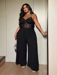 Large size women's sexy party suspender with shiny and shiny elastic mesh wide leg jumpsuit and fashionable jumpsuit